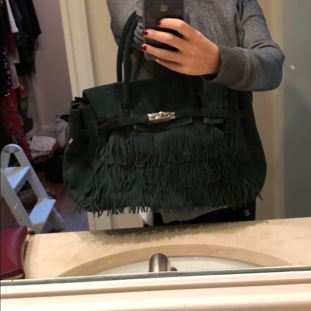 Dark green suede fringe bag made in Italy